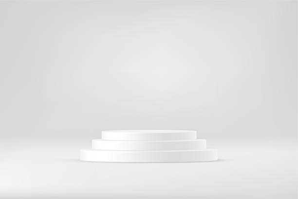 istock 3d cylinder podiums for product presentation in showroom vector illustration. Realistic luxury white platform, grey display base with three steps isolated on grey background. 1413506918