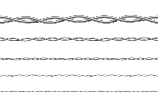 Vector illustration of 3D metal wire, seamless pattern set, barbwire with twisted steel spiral shapes and curves