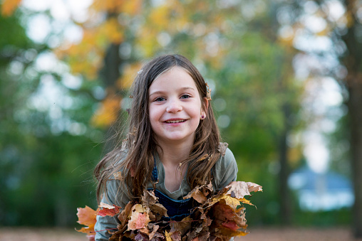 Cute elementary age little girl with long brown hair in overalls is laughing and smiling while looking at the camera with an armful of fallen, Autumn leaves that are also stuck through her hair. The sun is shining through the Fall trees of the forest behind her.