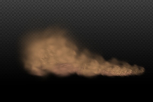 A cloud of brown dust and sand with particles of flying dry sand and dirt.Trace on a dusty road or highway from a car.Clubs of dark smoke.Realistic illustration on a transparent background.