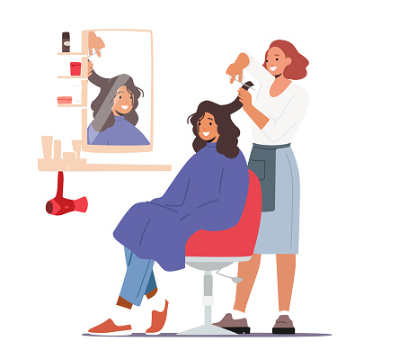 Young Woman Visiting Beauty Salon. Hairdresser Master doing Haircut for Girl Cutting Hair with Scissors in front of the Mirror. Recreation in Grooming Place, Treatment. Vector Illustration