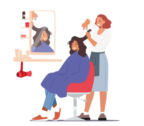 Vector illustration of Young Woman Visiting Beauty Salon. Hairdresser Master doing Haircut for Girl Cutting Hair with Scissors front of Mirror