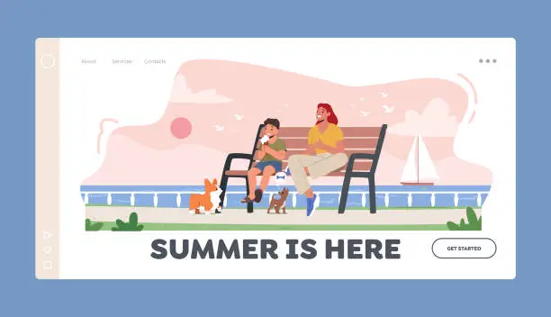 Vector illustration of Summer Recreation Landing Page Template. Little Boy and Mother Eating Ice Cream Sitting on Bench at Embankment