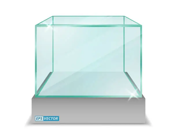 Vector illustration of realistic empty transparent glass box or empty glass cube box showcase or exhibit box transparent background isolated. eps vector