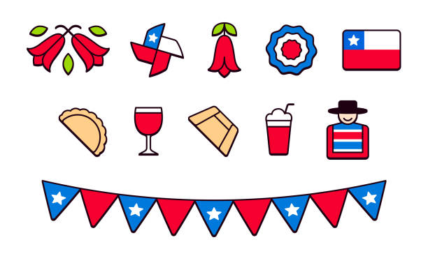 Chile Fiestas Patrias icon set Chile icon set. Traditional Chilean national symbols for Fiestas Patrias (Dieciocho) Independence Day of Chile. Cute and simple cartoon line icons. chile stock illustrations