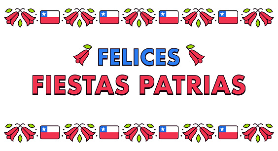 Felices Fiestas Patrias, Spanish for Happy National Holidays. Dieciocho, Independence Day of Chile. Text banner with Copihue flower and Chilean flag. Vector design set.