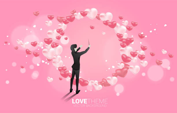 векторный силуэт дирижера, стоящего с летающим воздушным шаром сердца. концептуальный фон для любовной песни и концертной темы. - lead theme stock illustrations