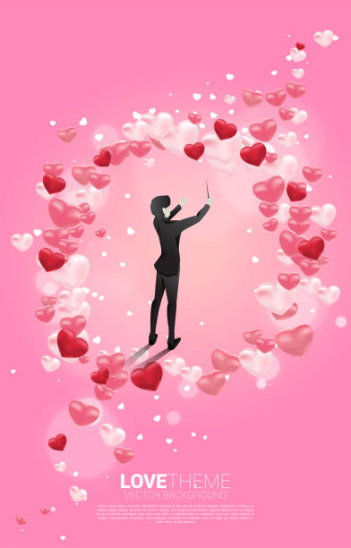 wektorowa sylwetka przewodnika stojącego z latającym balonem serca. tło koncepcyjne piosenki miłosnej i tematu koncertu. - lead theme stock illustrations