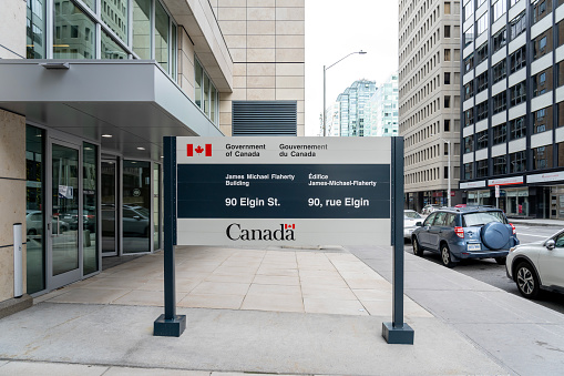 Ottawa, Ontario, Canada - August 9, 2020: The Sign outside James Michael Flaherty Building is seen at 90 Elgin St. in Ottawa. It is a federal government Building that houses Finance Canada.