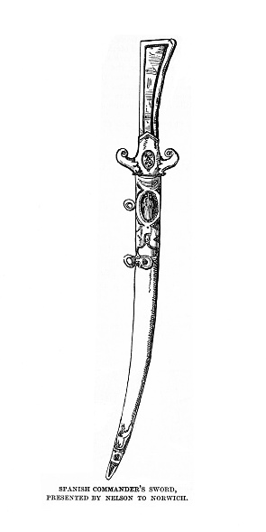 A defeated Spanish commander's sword presented to Lord Admiral Nelson of the British fleet, victor over the battle during the Napoleonic Wars. Illustration published in 1863. Original edition is from my own archives. Copyright has expired and is in Public Domain.