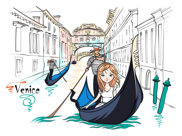 Cute fashion girl in Venice, Italia. Cute beautiful fashion white girl in gondola, Venice, Italia. Bridge of Sighs in the background italie stock illustrations