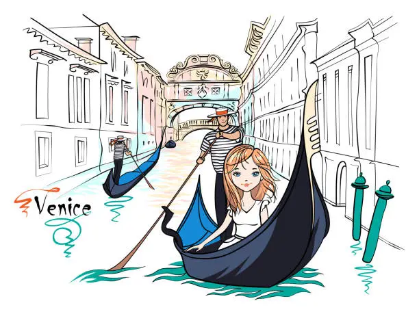 Vector illustration of Cute fashion girl in Venice, Italia.