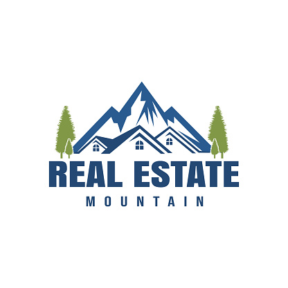 Real estate, home, house symbol template with mountain background.