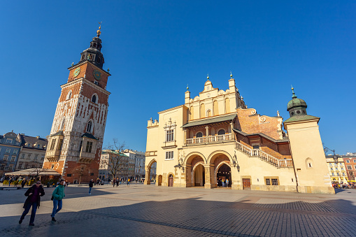Krakow, Poland - 14 March, 2022: Town Hall Tower on the Main Square in Krakow. Travel
