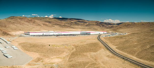 Panoramic drone shot of a lithium-ion battery and electric vehicle component factory near the town of Sparks in Storey County, Nevada.