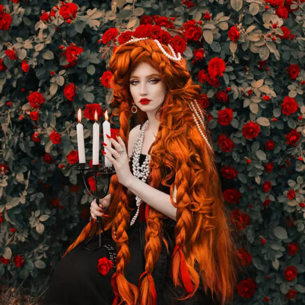 Photo of Redhead vampire woman. Long curly hair. Pale skin. Girl in black dress on rose flower background. Beautiful model with red lips. Renaissance outfit for halloween. Hairstyle. Jewelry and bijouterie