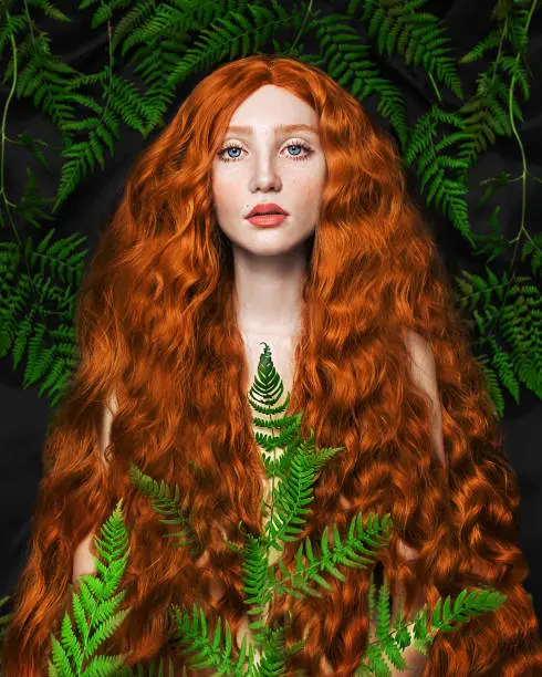 Redhead fabulous woman. Long curly hair. Pale skin. Fairy girl in fern wreath on black background. Beautiful model with red lips. Renaissance outfit. Hairstyle