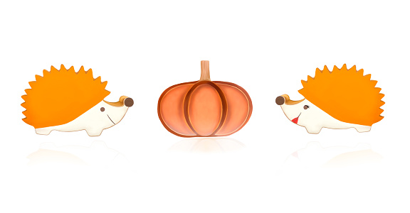 Hedgehogs by gender and pumpkin fall decorations cut out on white background