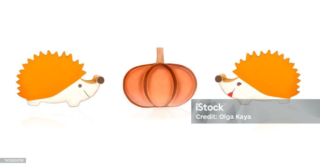 Autumn decor Hedgehogs by gender and pumpkin fall decorations cut out on white background Autumn Stock Photo
