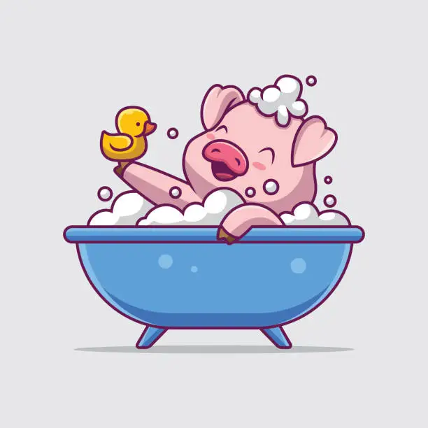 Vector illustration of Cute pig bathing in the bathtub cartoon illustration