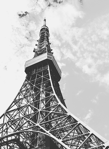 Close-up of Tokyo Tower in Japan.\nRetro image photo.