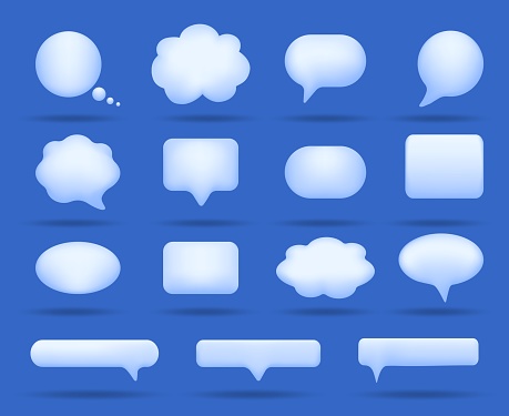 Various 3d bubbles. Message dream speak marks, empty speech balloons, different shapes speech bubbels, dialog messaging objects, message boxes vector illustration