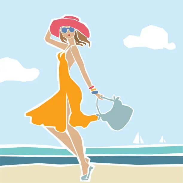 Vector illustration of paper cutting style stylish fashionable woman walking on a summer beach