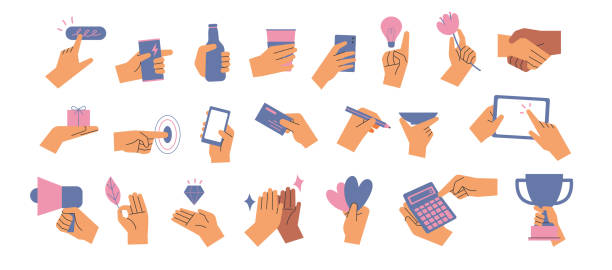 Hand gesture A collection of hands holding something or conveying information. flat design style vector illustration. hand snapping fingers stock illustrations