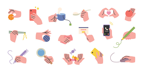 Collection of hand gestures related to various daily life. flat design style vector illustration.