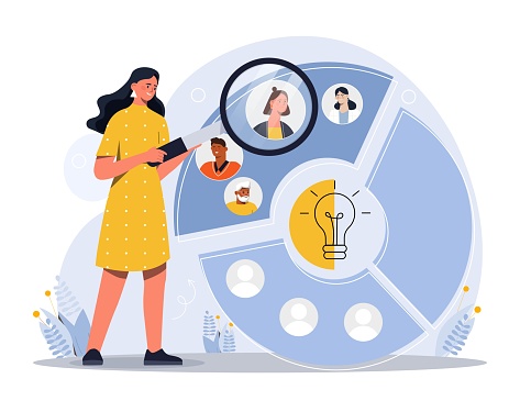 Audience segmentation concept. Woman with magnifying glass evaluates graphs and charts. Working with statistics and marketing research. Company defines customers. Cartoon flat vector illustration