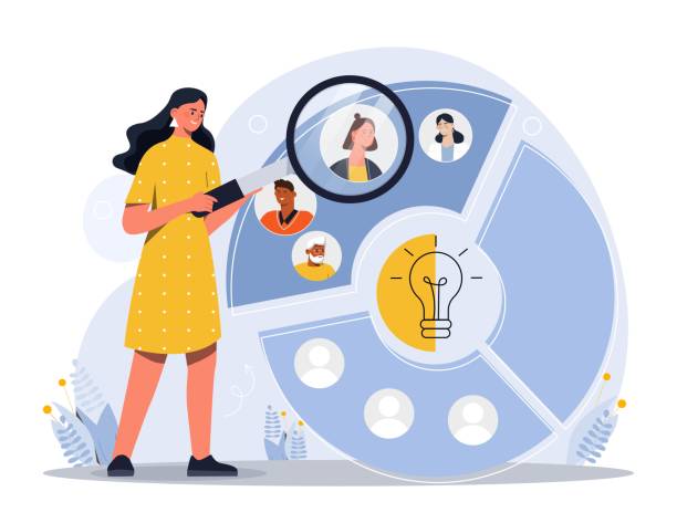 Audience segmentation concept Audience segmentation concept. Woman with magnifying glass evaluates graphs and charts. Working with statistics and marketing research. Company defines customers. Cartoon flat vector illustration connection clipart stock illustrations