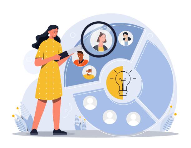 Audience segmentation concept Audience segmentation concept. Woman with magnifying glass evaluates graphs and charts. Working with statistics and marketing research. Company defines customers. Cartoon flat vector illustration customer stock illustrations
