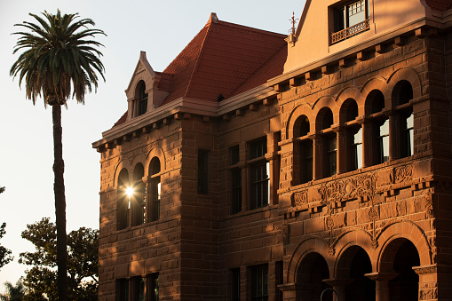 Sunset view of the 1901 historic public courthouse in  downtown Santa Ana, California, USA.