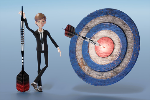3D Illustration. 3D Rendering . Businessman  try to hit a red target with hands holding darts or arrow  . Concept business goal  , Maketing