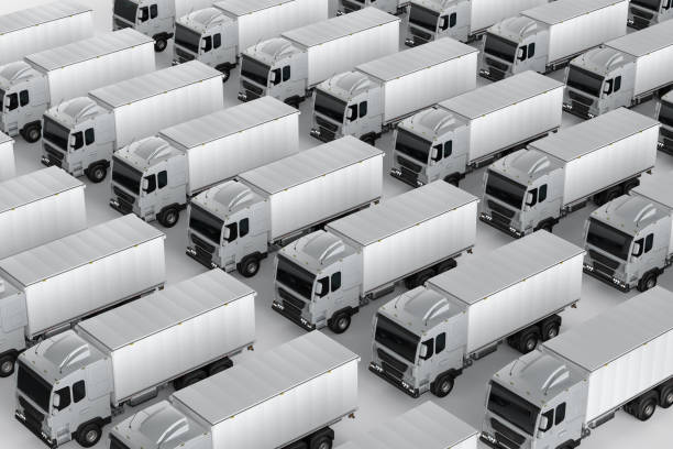 istock Group of logistic trailer trucks or lorries terminal on white background 1413535257