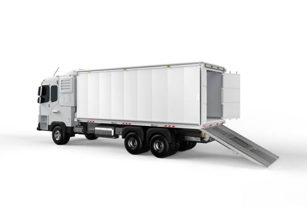istock Logistic van trailer truck or lorry with container opened on white background 1413535269
