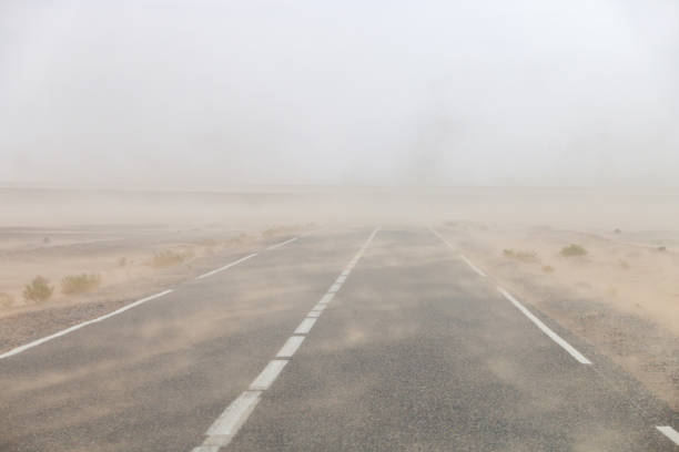 Heavy sandstorm on the road through the Sahara desert