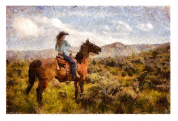 Cowgirl riding horse USA - digital photo manipulation Cowgirl riding horse USA - digital photo manipulation girl with cowboy hat stock illustrations