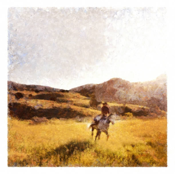 istock Cowgirl riding horse  - digital photo manipulation 1413536235
