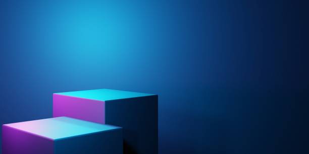 istock 3d rendering of purple and blue neon light abstract geometric background. Scene for advertising, technology, showroom, business, future, modern, sport, metaverse. Sci Fi Illustration. Product display 1413537247