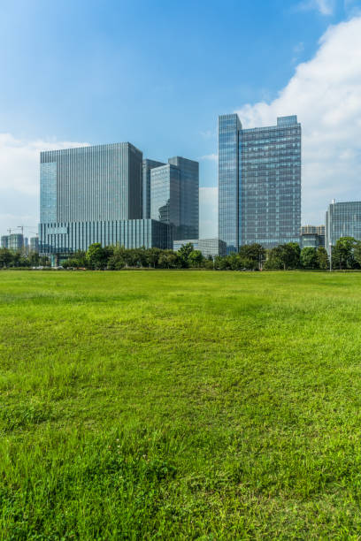 istock beautiful green meadow near modern office building 1413538213