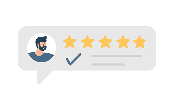 Man satisfied customer give rating 5 stars. People feedback vector illustration by giving 5 star rating. Flat online shopping with give 5 rating and review.