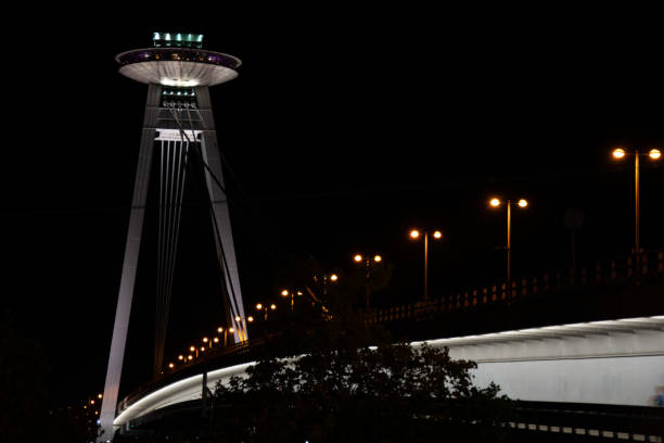 Night shot of the UFO landmark bridge in Bratislava