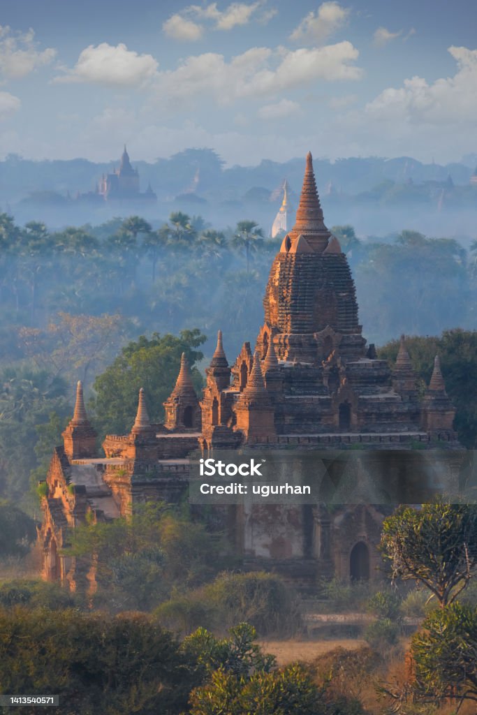 Temples in Bagan, Myanmar at Sunset. Bagan Stock Photo