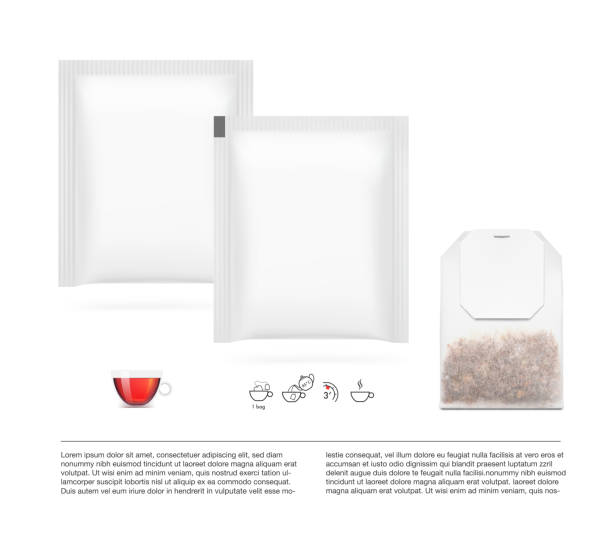 Realistic tea sachet mockup set. Front view. Vector illustration isolated on white background. Ready for your design. EPS10. teabag stock illustrations