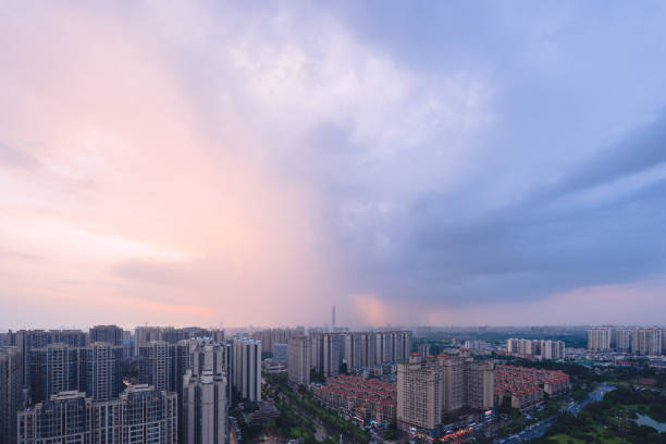 Rainy day at dusk, modern city