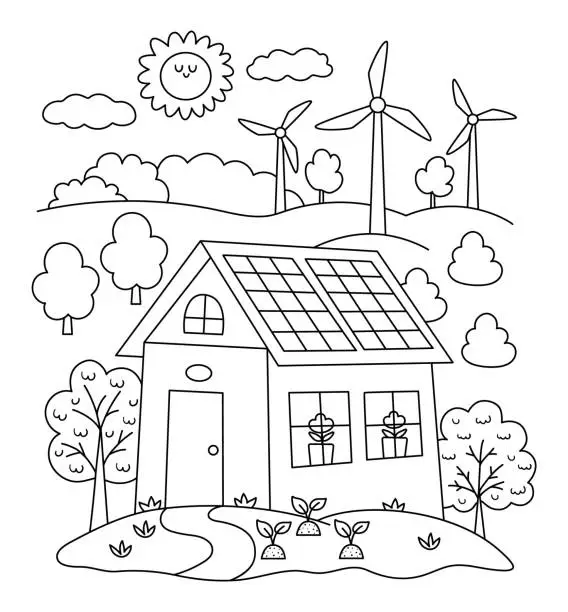Vector illustration of Vector black and white scene with eco house, wind turbines, solar panels. Environment friendly home line concept with trees. Ecological country illustration. Cute earth day landscape, coloring page