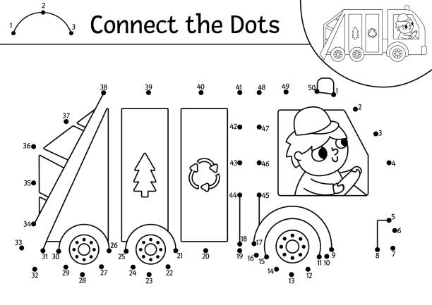 ilustrações, clipart, desenhos animados e ícones de vetor ponto a ponto e atividade colorida com caminhão de lixo bonito. ecose o jogo de pontos para crianças. página de coloração de consciência ecológica para crianças. planilha imprimível com números - worksheet