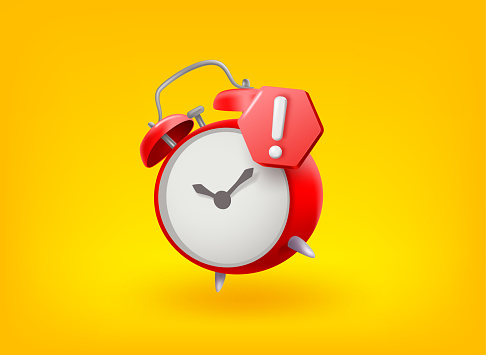 Alarm clock with exclamation point. Vector 3d illustration