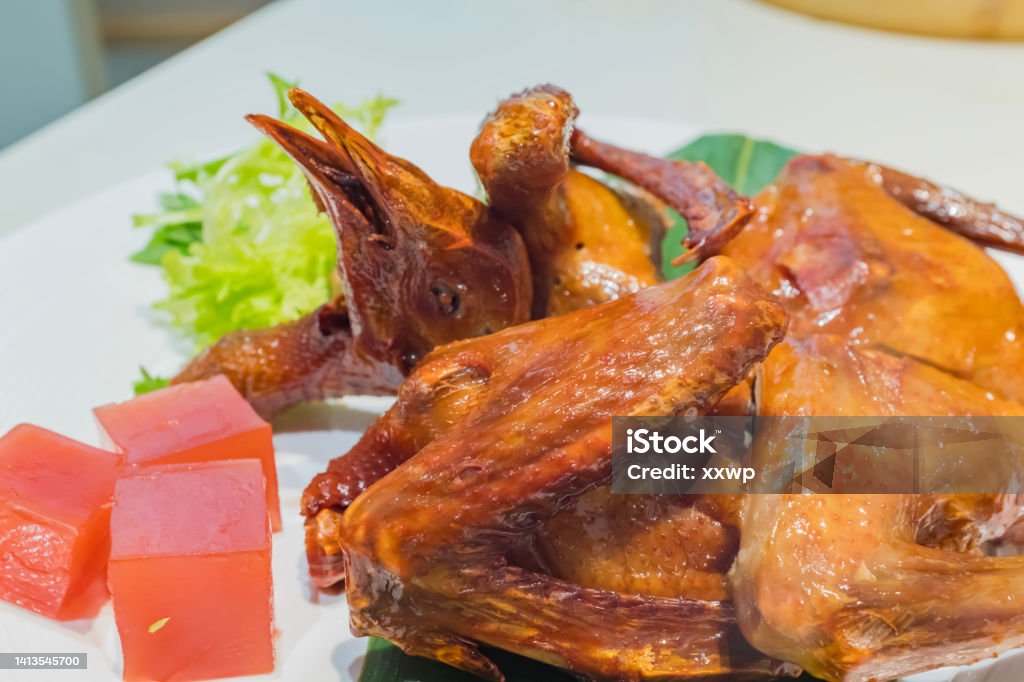 Close-up of Cantonese Siu mei: Roast Squab Roasted Stock Photo